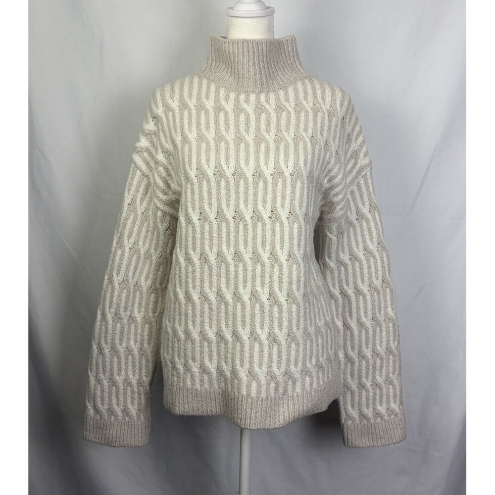Haven Well Within Sz Small Cable Knit Cotton Beige & White Mock Neck Sweater EUC